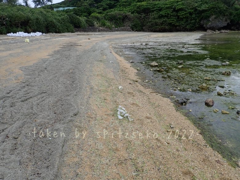 2022/3/11現在、沖縄恩納村マリブビーチ最西端の軽石状況