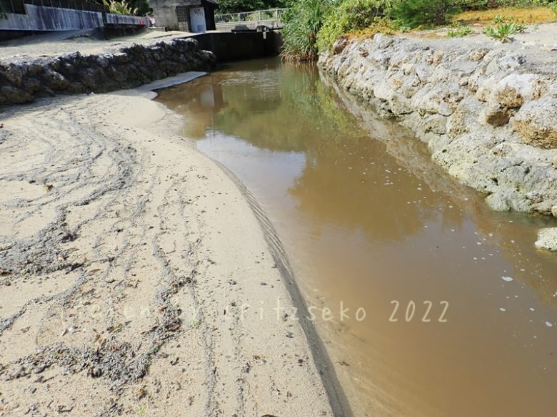 2022/3/18現在、沖縄恩納村マリブビーチ西端の川の軽石状況